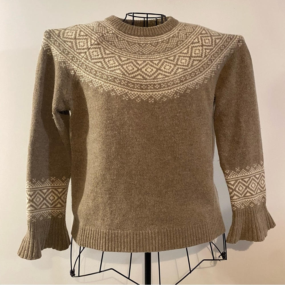 J.Crew Fair Isle Merino Wool Blend Cable Knit Cream Tan Sweater Size Medium